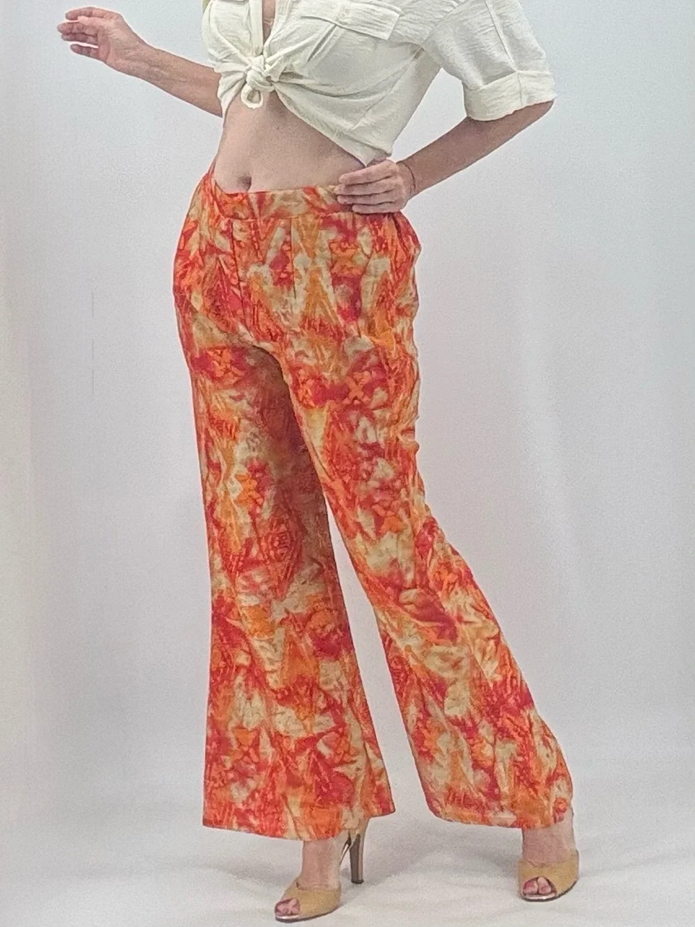 Vintage 70s Abstract Print Disco Groovy Boho High Rise Wide Leg Flare Pants - Picture 7 of 16